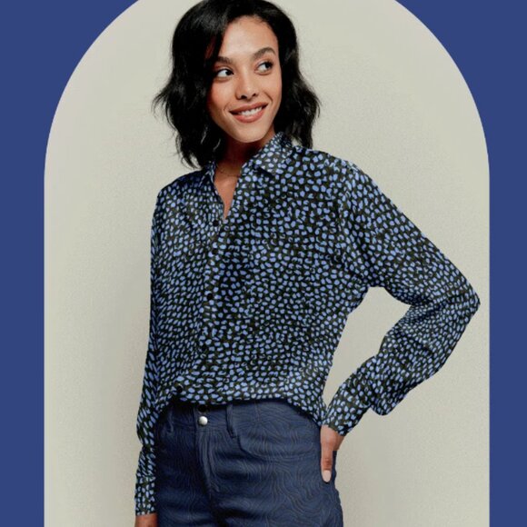 Tucker Tops - Tucker Brooklyn Button Down Shirt Cornflower Spots in Silk Stretch Charmeuse